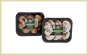 whole and sliced organic crimini mushrooms with Farmers' Fresh label